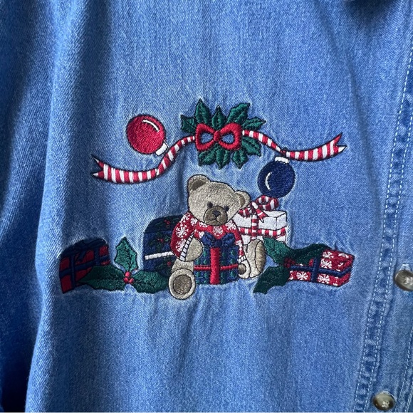 Bobbie Brooks Vintage Embroidered Christmas Bears Long Sleeve Button Up Size XL - Picture 4 of 12